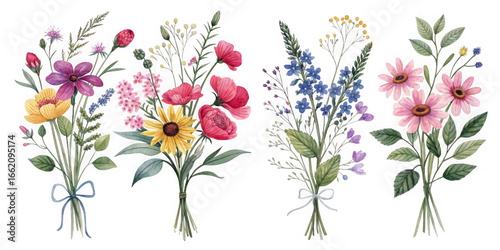 Fototapeta Naklejka Na Ścianę i Meble -  Vibrant watercolor bouquets of wildflowers and sunflowers isolated on transparent background
