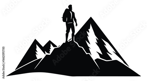 Man conquering mountain peak silhouette achievement adventure and exploration concept