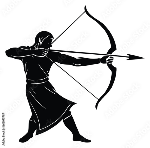 Powerful archer aiming an arrow with perfect focus and muscular physique