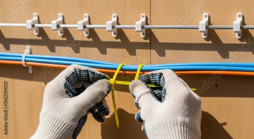 Person securing cables with zip ties on wooden panel with gloved hands