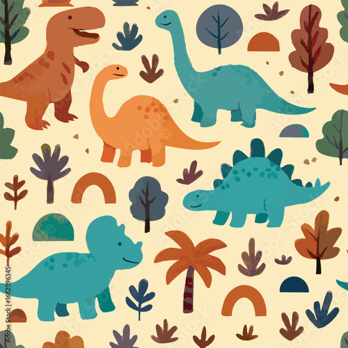 Dinosaurs Prehistoric Dino tyrannosaurus brontosaurus triceratops stegosaurus Fun Print Kids Children Boy Print Design in Vector