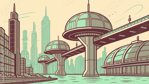 A serene futuristic city at sunrise with floating dome habitats suspended over shining towers, water canals weaving through the city reflecting the glowing domes, 