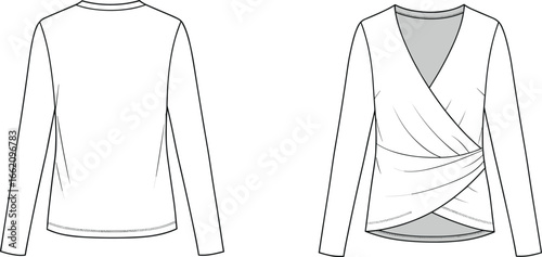 Fashion flat sketch of women’s long sleeve wrap blouse with draped crossover front, v-neckline, casual elegant top design vector illustration