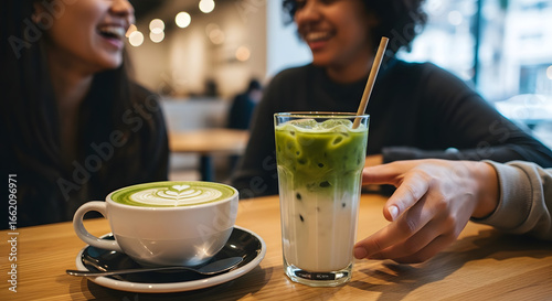 Close-up of a cup of coffee and a matcha latte on a wooden table with two diverse women chatting in the background in a cafe