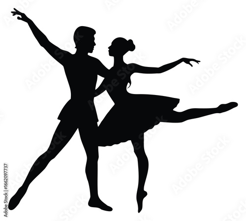 Silhouette of ballet dancers performing a graceful pose elegant art design