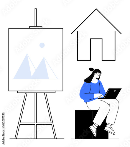 Woman using laptop beside an easel with geometric art near house sketch. Ideal for creativity, remote work, design thinking, architecture planning, digital learning, self-expression, simple flat