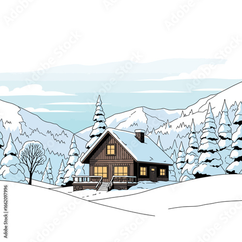 Winter Cabin Retreat Cozy Home in Snowy Mountain Landscape Illustration