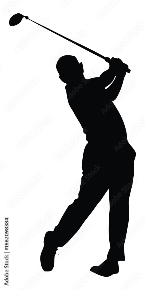 Obraz premium Silhouette of golfer in mid swing against a clean white background