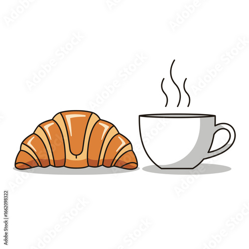 A delightful morning breakfast illustration featuring a fresh golden croissant paired with a steaming hot cup of coffee.