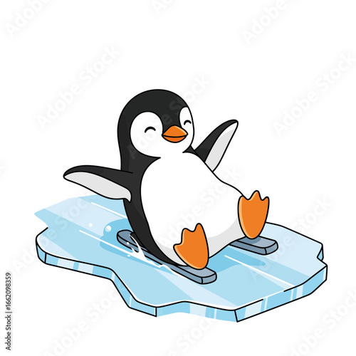 A joyful cartoon penguin finding bliss while playfully sliding on a small ice floe, representing winter fun and happiness.