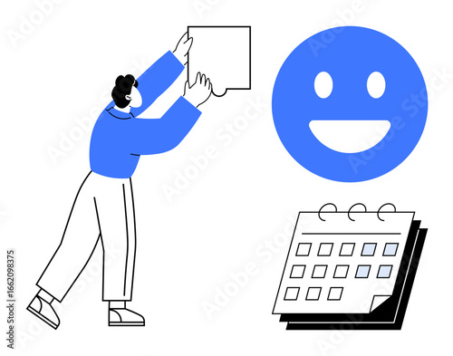 Person holding a paper near a happy face and a calendar symbolizing planning, positivity, and time management. Ideal for productivity, organization, planning, motivation, success, scheduling simple