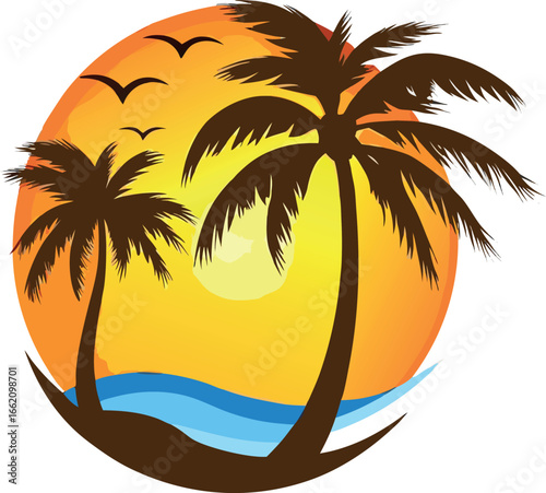 A vector illustration of a palm tree silhouette on a tropical beach at sunset, showcasing the summer landscape