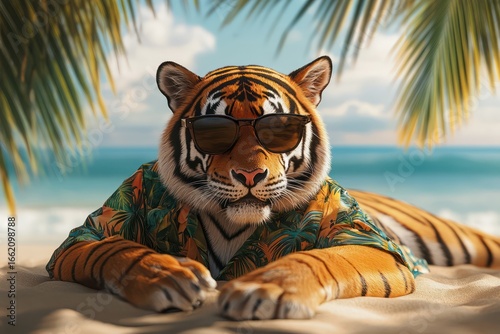 Relaxed Bengal tiger in Hawaiian shirt on beach