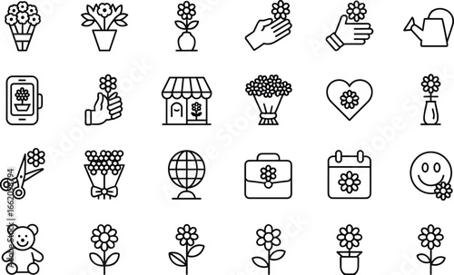 Floral icon set with bouquet, flower pot, gardening, gift flowers, online flower shop, line style, vector graphic collection