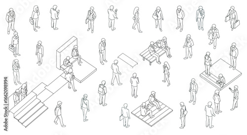 isometric people diverse individuals walking sitting and interacting in a public space perfect for urban planning designs and lifestyle illustrations.