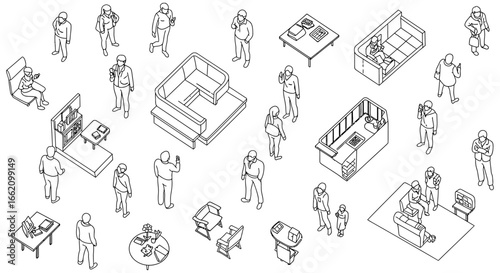 Isometric people in office space illustrating teamwork collaboration and agile workspace flexibility perfect for showcasing company culture and modern business environments.