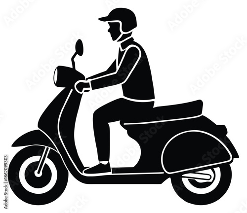 Stylized vector image of a person riding a scooter on white background