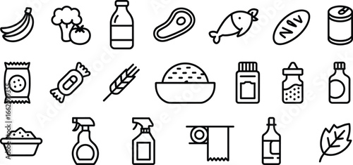 Food icons, grocery symbols, kitchen ingredients, cleaning supplies, cooking essentials, grocery store vector, food items, household products, kitchen vector set, cooking icons