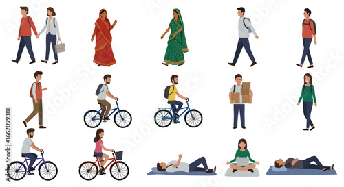 people doing different activities couples walking indian women cyclists delivery man relaxing and working with laptop illustrating modern lifestyle