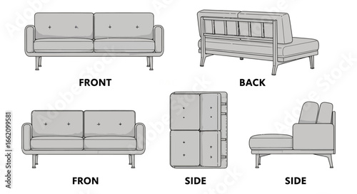 sofa illustration showcasing a modern sofa from front back and side angles conveying furniture design details for product catalogs and interior design projects.