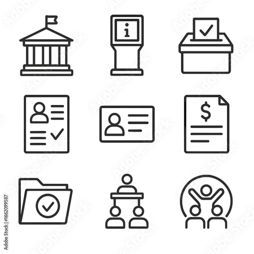 Government Civic Functions Icons. Line style icons of government and civic functions: city hall icon, public info kiosk, vote
