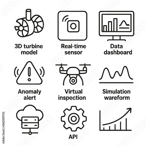 Digital Twin Icons. Line style icons of Digital Twin Assets: 3D turbine model, real-time sensor, data dashboard, anomaly alert,