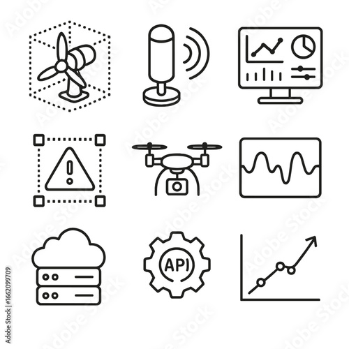 Digital Twin Icons. Line style icons of Digital Twin Assets: 3D turbine model, real-time sensor, data dashboard, anomaly alert,