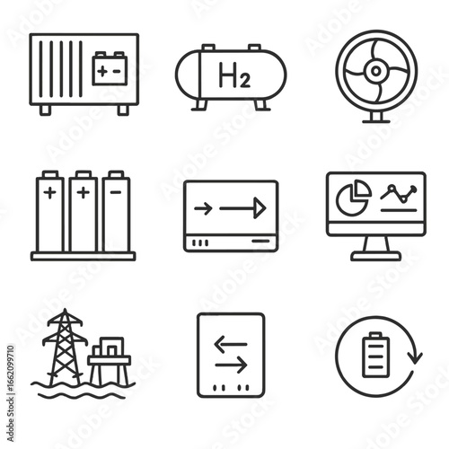 Energy Storage Icons. Line style icons of Energy Storage Integration: battery container, hydrogen tank, flywheel rotor,