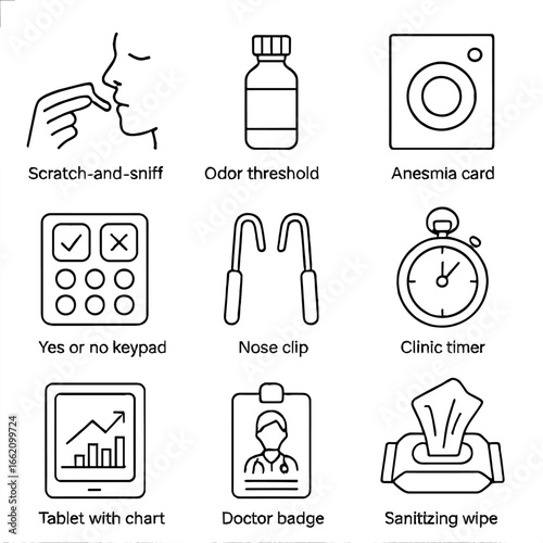 Medical Smell Diagnostics Icons. Line style icons of Medical Smell Diagnostics: scratch-n-sniff strip, odor threshold bottle,