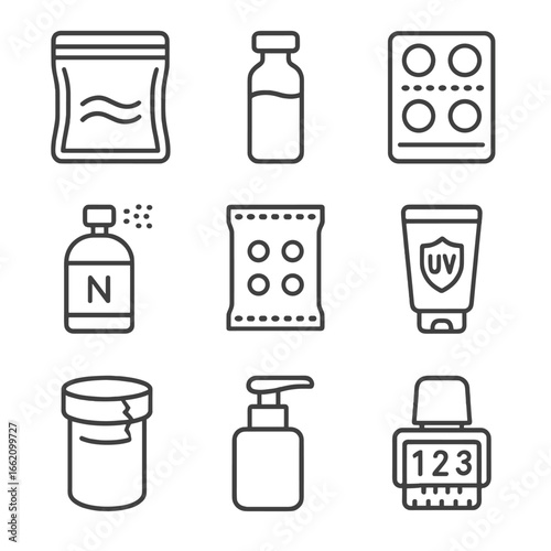 Scent Preservation Icons. Line style icons of Scent Preservation Packaging: vacuum pouch, amber glass vial, foil blister, nitrogen