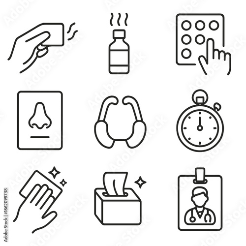 Medical Smell Diagnostics Icons. Line style icons of Medical Smell Diagnostics: scratch-n-sniff strip, odor threshold bottle,