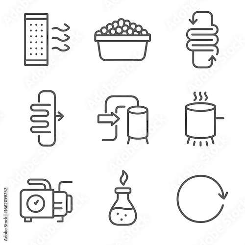 Scent Recycling Icons. Line style icons of Scent Recycling & Capture: adsorption filter, activated carbon bed, cold trap coil,