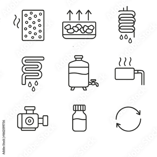 Scent Recycling Icons. Line style icons of Scent Recycling & Capture: adsorption filter, activated carbon bed, cold trap coil,