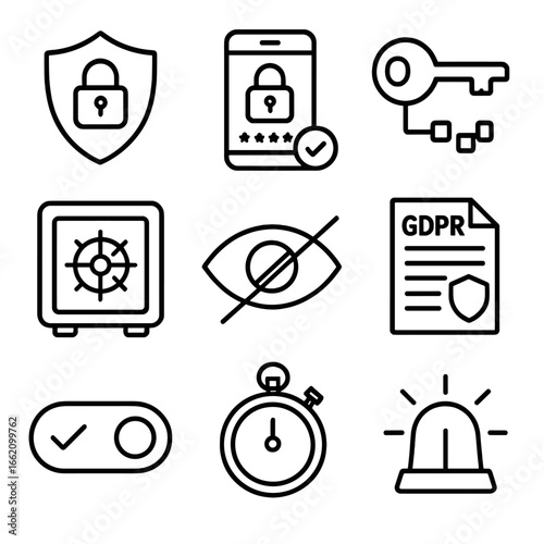 Privacy Security Icons. Line style icons of Privacy & Security Features: padlock shield, two-factor phone, encryption key, secure