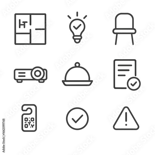 Meeting Room Icon Set. Line style icons of Meeting Room Booker: room map grid, availability light, capacity seat icon, equipment