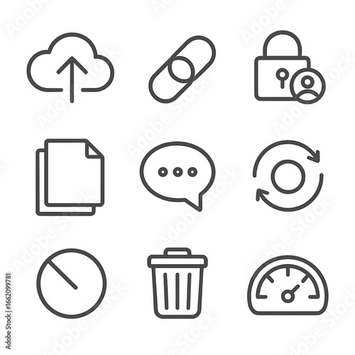File Sharing Icons. Line style icons of File Sharing Manager: upload cloud, shared link, permission lock, version stack, comment