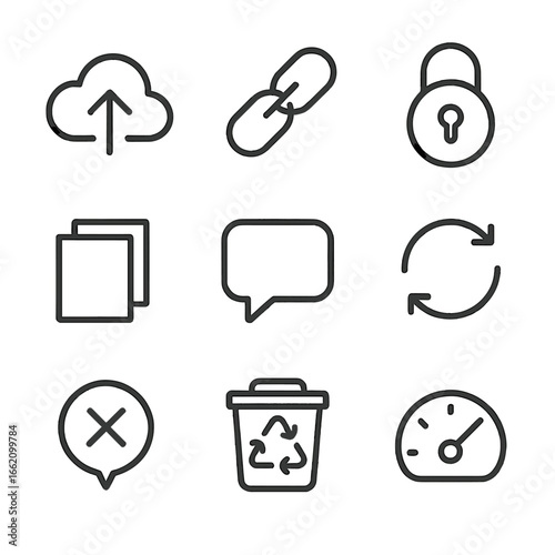 File Sharing Icons. Line style icons of File Sharing Manager: upload cloud, shared link, permission lock, version stack, comment