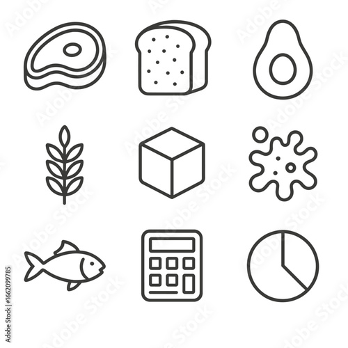 Macronutrient Icons Grid. Line style icons of Macronutrient Breakdown: protein steak, carbohydrate bread, fat avocado, fiber stalk