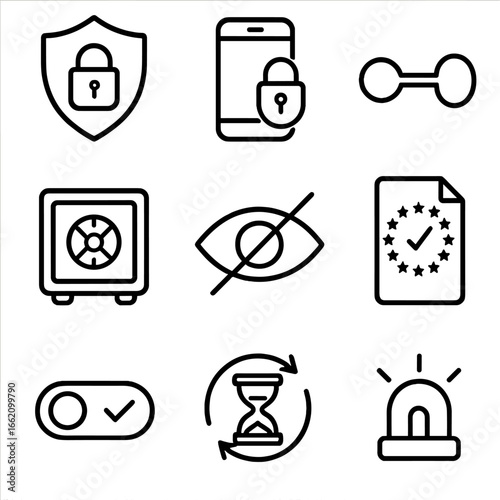Privacy Security Icons. Line style icons of Privacy & Security Features: padlock shield, two-factor phone, encryption key, secure