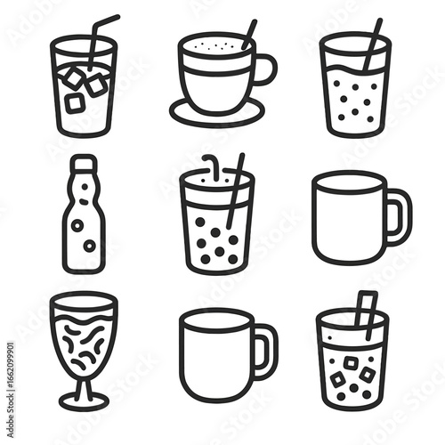 Asian Street Drinks Icons. Outline style icon of Street Drinks Asia: Thai iced tea, Vietnamese egg coffee, Indian lassi glass,