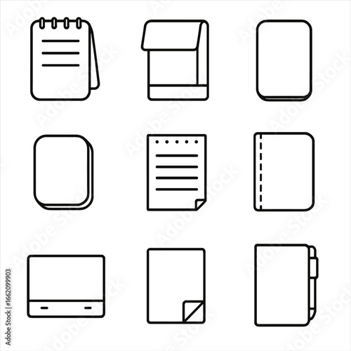 Pocket Notepad Icons. Outline style icon of Pocket Notepads: flip-top memo, matchbook pad, tiny field notes, credit-card notebook,