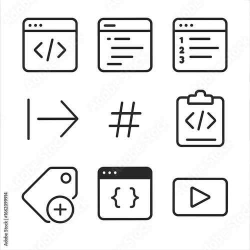 Coding Icon Set. Outline style icon of Coding Snippet Notes: code block braces, syntax highlight, tab indent arrow, line numbers