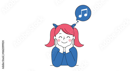 Young girl with pigtails daydreaming about listening to beautiful music with happy thoughts