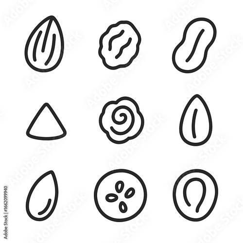 Trail Mix Icon. Outline style icon of Trail Mix Components: almond, raisin, peanut, chocolate chip, dried cranberry, sunflower