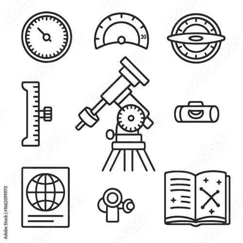Celestial Tools Icon. Outline style icon of Celestial Coordinate Tools: right-ascension dial, declination circle, equatorial mount