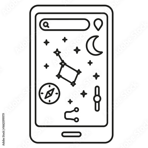 Digital Sky-Map Icon. Outline style icon of Digital Sky-Map Apps: smartphone screen, augmented stars, search bar, location pin,