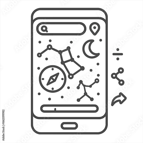 Digital Sky-Map Icon. Outline style icon of Digital Sky-Map Apps: smartphone screen, augmented stars, search bar, location pin,