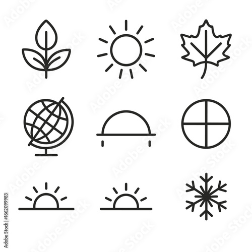 Seasons Icons. Outline style icon of Northern Hemisphere Seasons: spring equinox bud, summer solstice sun, autumn equinox leaf,