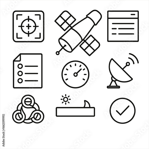 Space Telescope Icon. Outline style icon of Space Telescope Targeting: guide star sensor, target list sheet, exposure time dial,