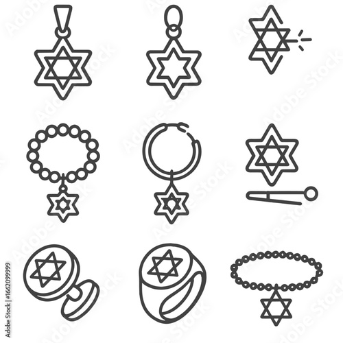 Star of David Icons. Outline style icon of Star of David Jewelry: gold pendant star, silver charm star, diamond stud star, bead